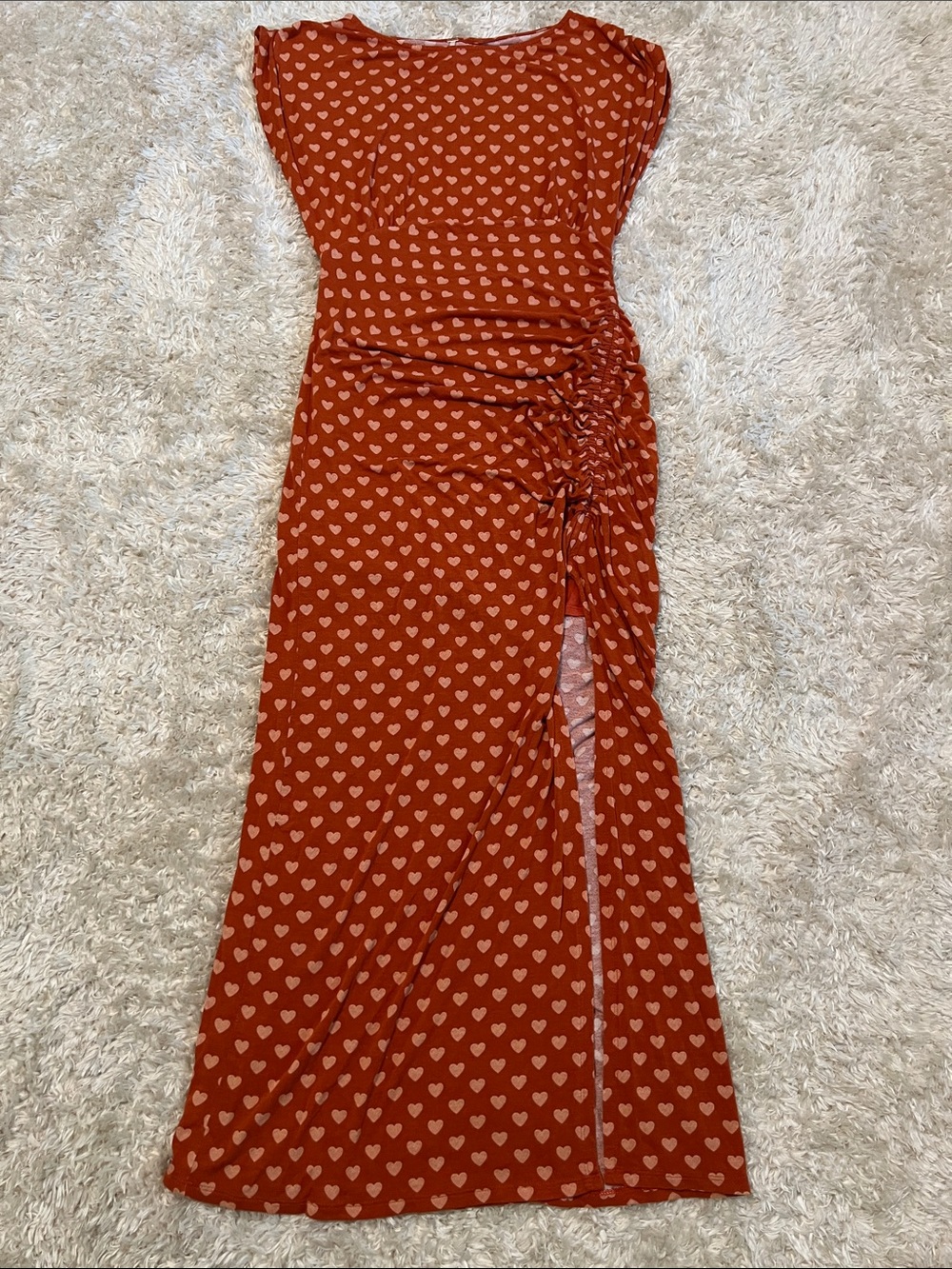 Free People Lakeside Rust Maxi Dress with White Heart Print and Side Slit - Picture 2 of 10